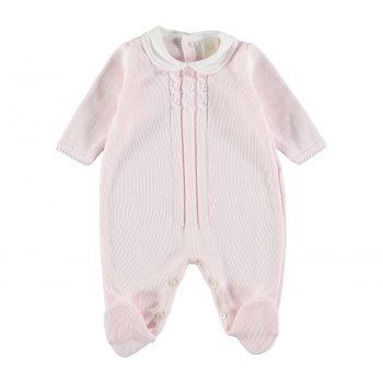 Pelele delantera bebé en punto con cuello y bordados a mano en tono rosa y blanco