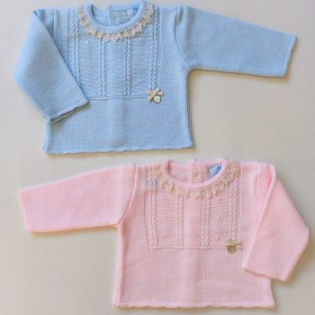 Jersey de bebé bordado a mano en punto tricot con puntilla en el cuello